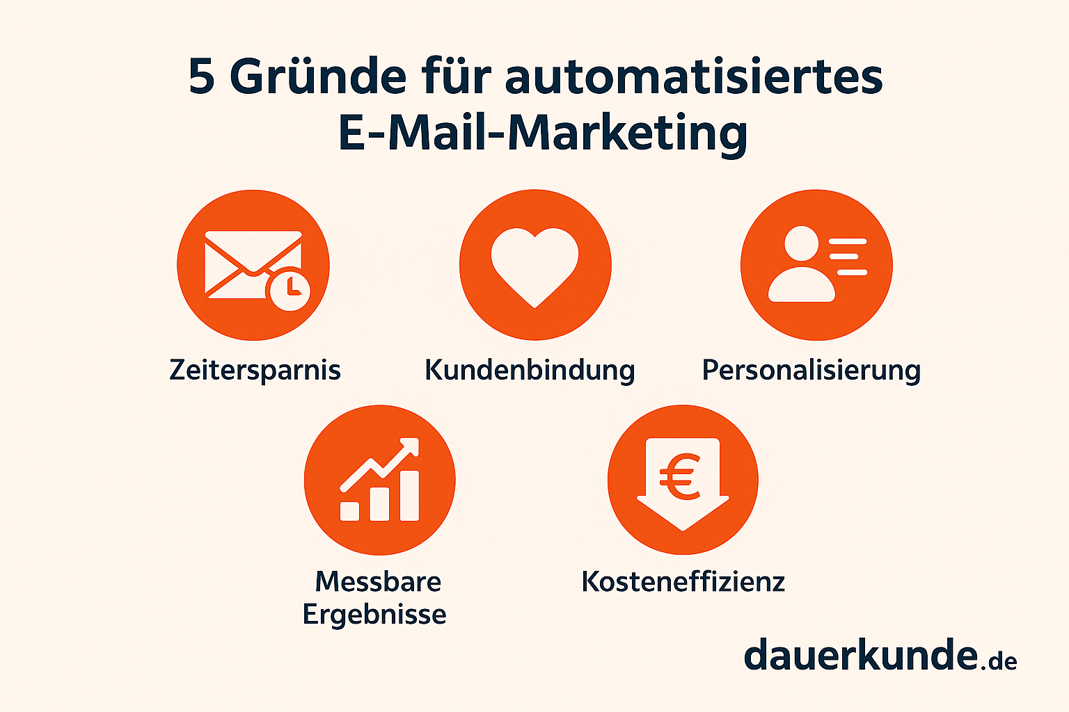 Infografik: 5 Gründe für automatisiertes E-Mail-Marketing – Zeitersparnis, Kundenbindung, Personalisierung, messbare Ergebnisse, Kosteneffizienz – dauerkunde.de