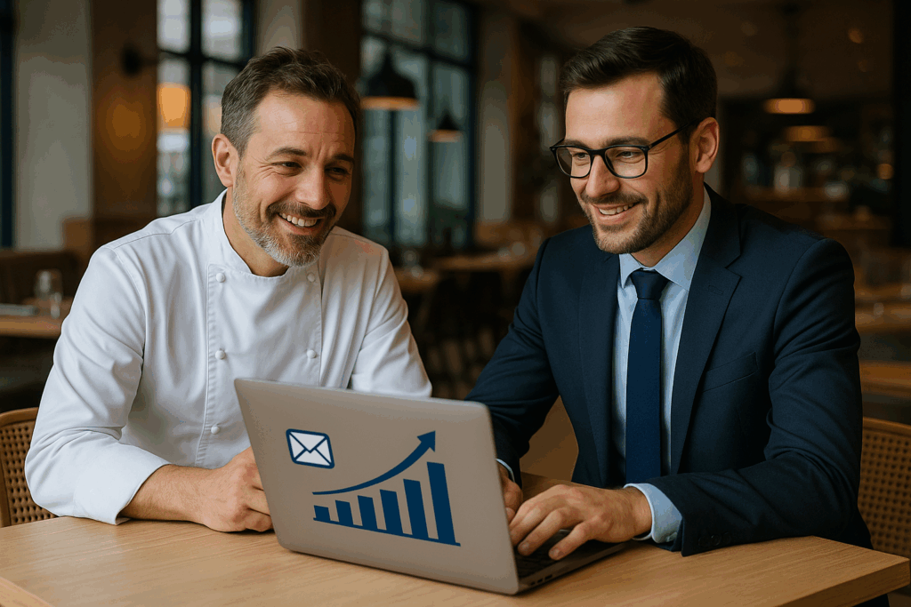 Vertriebsmitarbeiter und Gastronom im Gespräch im Restaurant