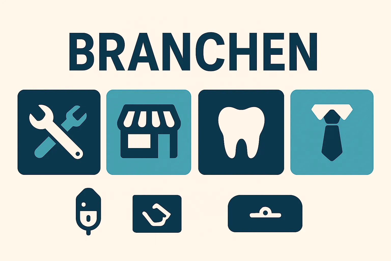 Branchen-Illustration mit Symbolen für verschiedene Unternehmen wie Gastronomie, Kosmetik, Hotel und Beratung – passend zum Thema E-Mail-Marketing.