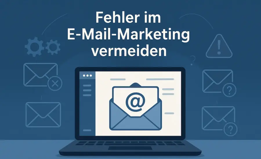 Beitragsbild zum Blogartikel „Fehler im E-Mail-Marketing vermeiden“ mit Laptop, E-Mail-Symbolen und Warnhinweisen