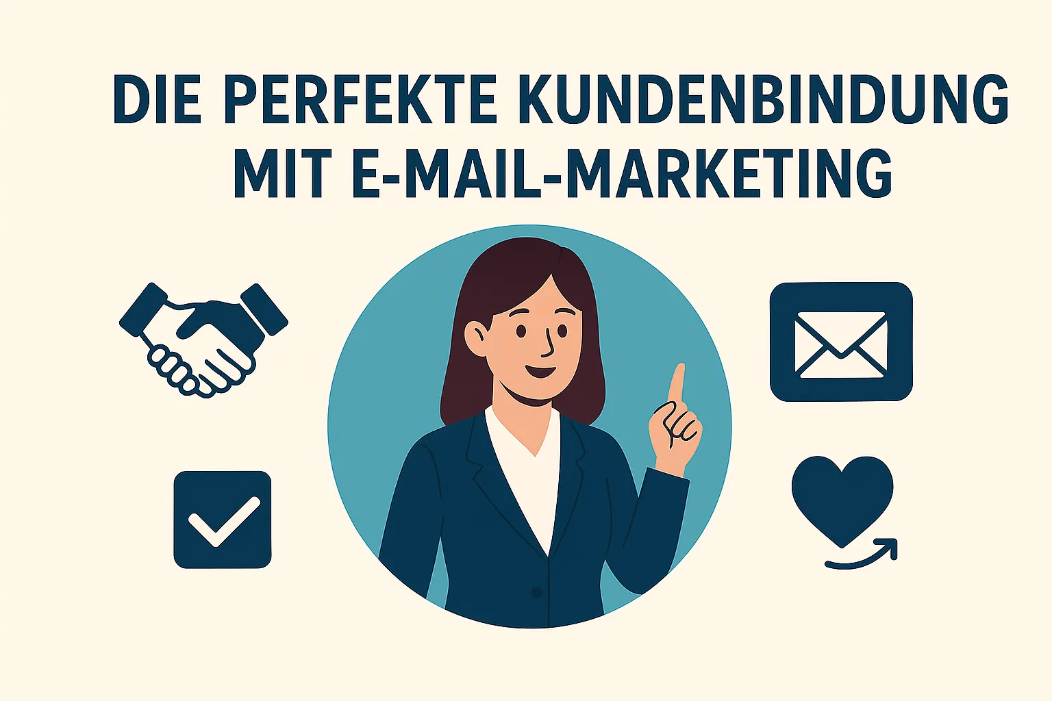Illustration zur perfekten Kundenbindung mit E-Mail-Marketing: Geschäftsfrau erklärt Vorteile, umgeben von Symbolen wie Briefumschlag, Herz, Haken und Handschlag.