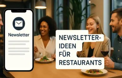 Gruppe von Gästen im Restaurant, daneben Smartphone mit Newsletter-Anzeige – Symbol für Newsletter-Ideen für Restaurants