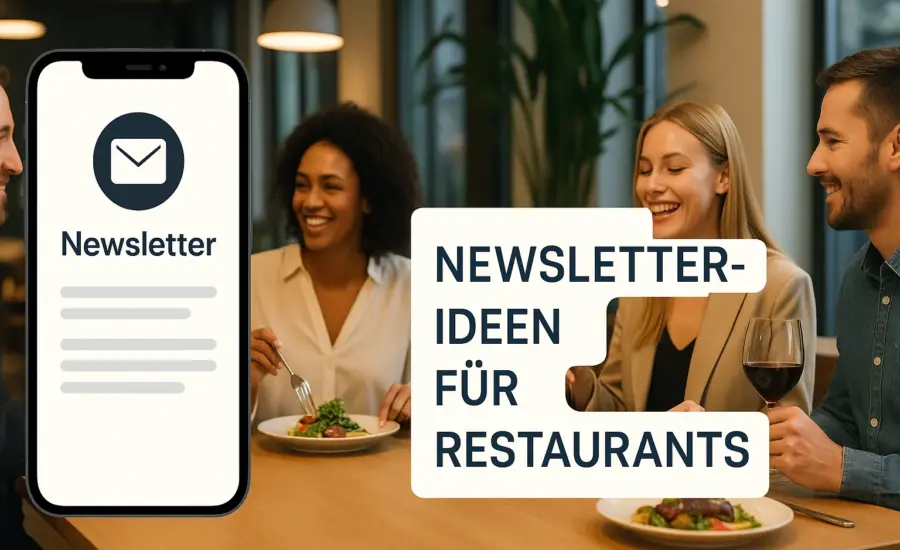 Gruppe von Gästen im Restaurant, daneben Smartphone mit Newsletter-Anzeige – Symbol für Newsletter-Ideen für Restaurants